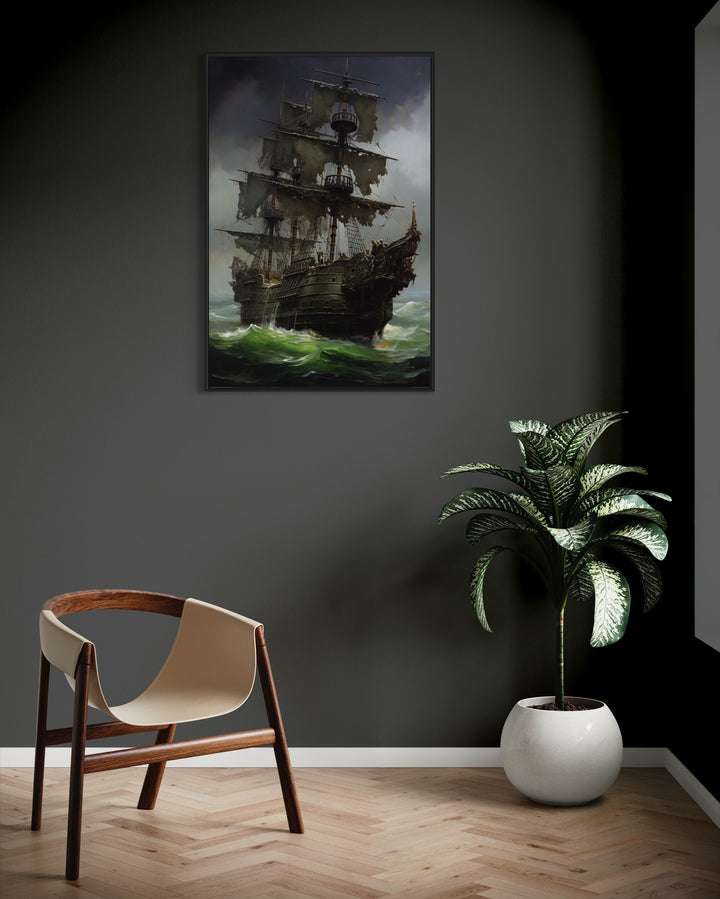 Ghost Pirate Ship In The Ocean Gothic Framed Canvas Wall Art