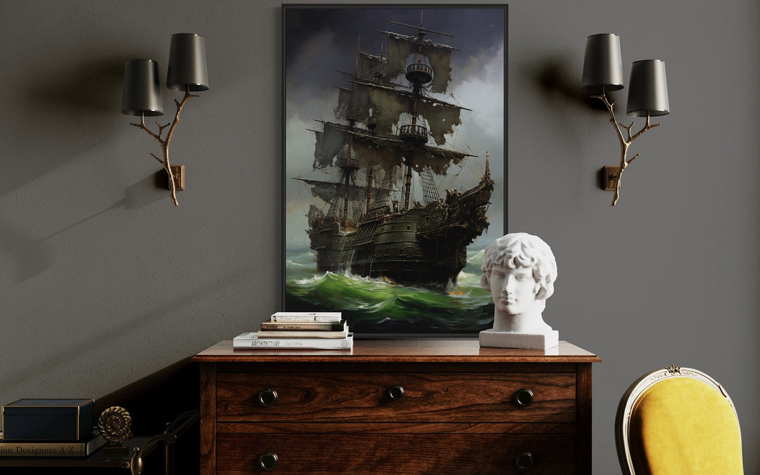 Ghost Pirate Ship In The Ocean Gothic Framed Canvas Wall Art