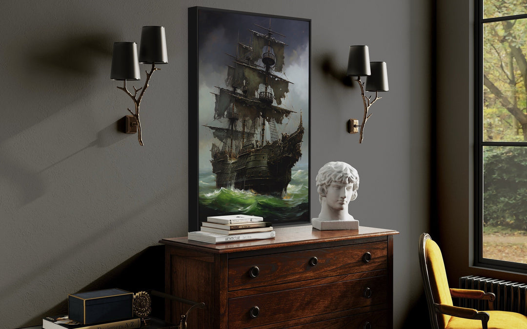 Ghost Pirate Ship In The Ocean Gothic Framed Canvas Wall Art