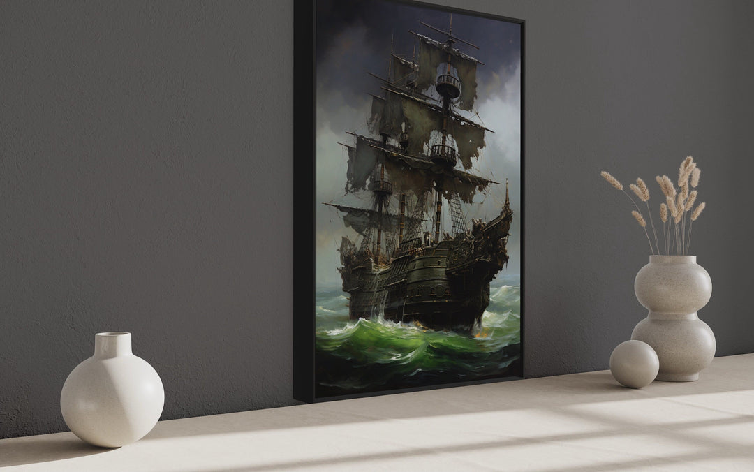 Ghost Pirate Ship In The Ocean Gothic Framed Canvas Wall Art