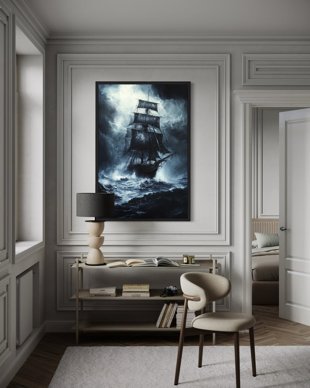 Gothic framed canvas wall art of a ghost pirate ship on a stormy ocean in a modern office setting.