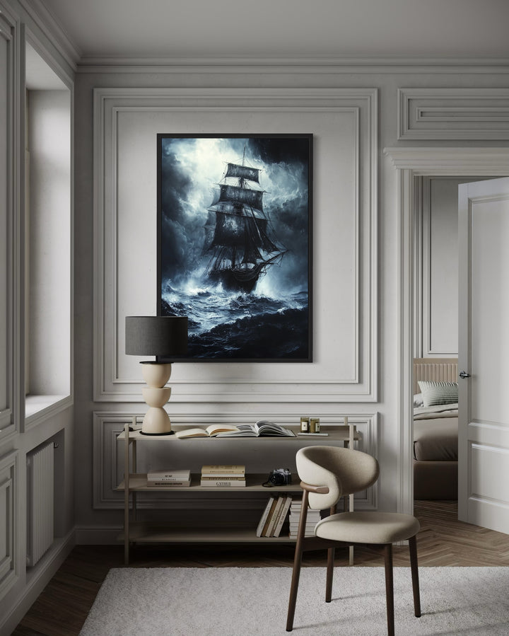 Gothic framed canvas wall art of a ghost pirate ship on a stormy ocean in a modern office setting.