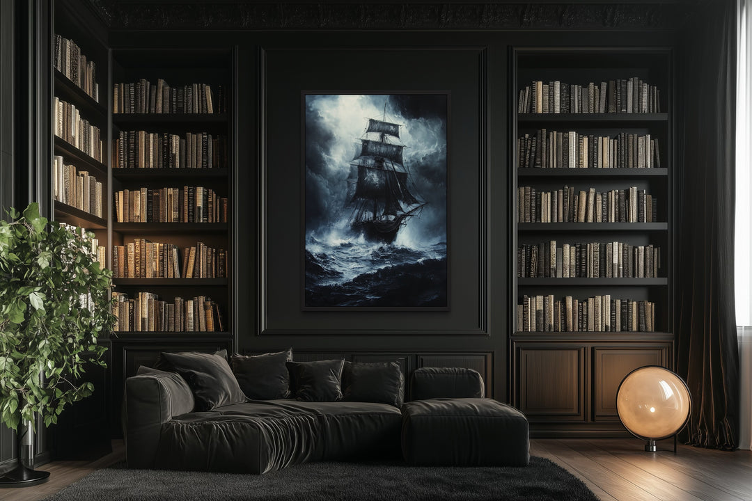 Gothic framed canvas wall art of a ghost pirate ship on a stormy sea in a dark office setting.