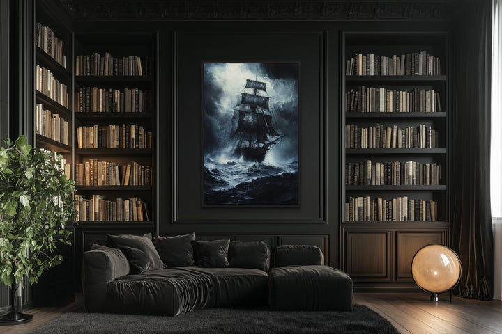 Gothic framed canvas wall art of a ghost pirate ship on a stormy sea in a dark office setting.