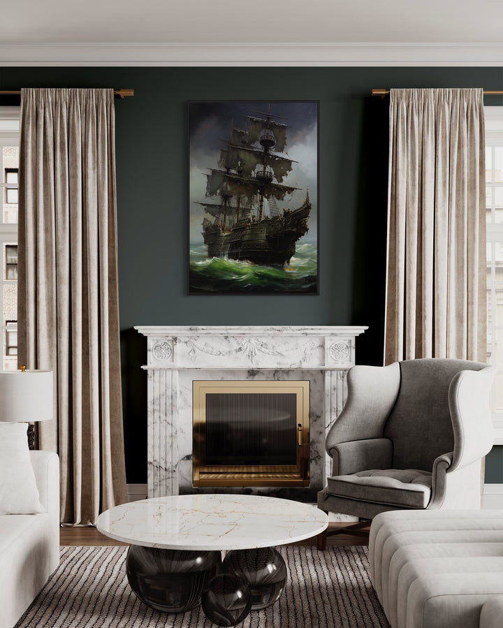 Ghost Pirate Ship In The Ocean Gothic Framed Canvas Wall Art