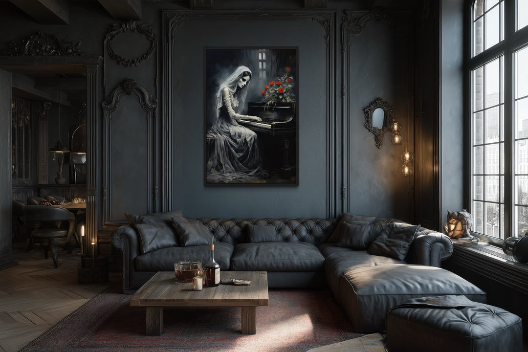 Ghost Playing Piano Gothic Framed Canvas Wall Art
