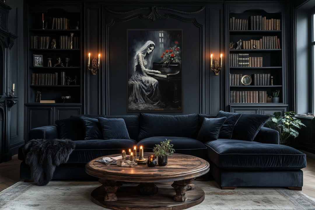 Ghost Playing Piano Gothic Framed Canvas Wall Art