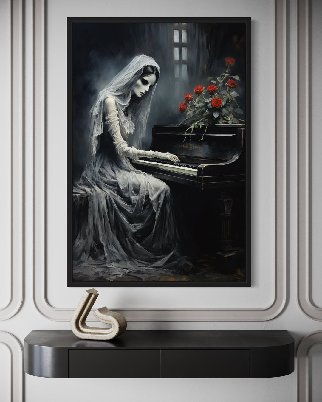 Ghost Playing Piano Gothic Framed Canvas Wall Art