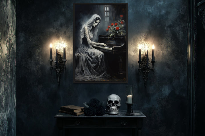 Ghost Playing Piano Gothic Framed Canvas Wall Art