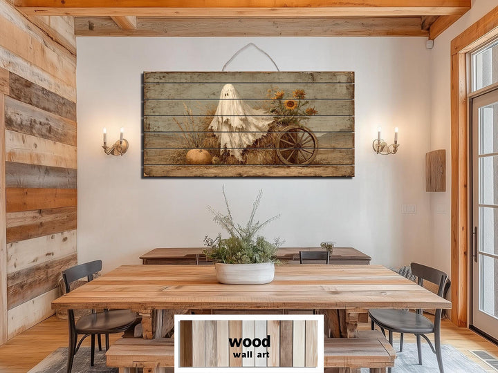 Ghost With Pumpkin And Sunflowers Distressed Wood Wall Art