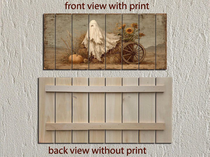 Ghost With Pumpkin And Sunflowers Distressed Wood Wall Art