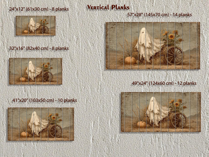 Ghost With Pumpkin And Sunflowers Distressed Wood Wall Art