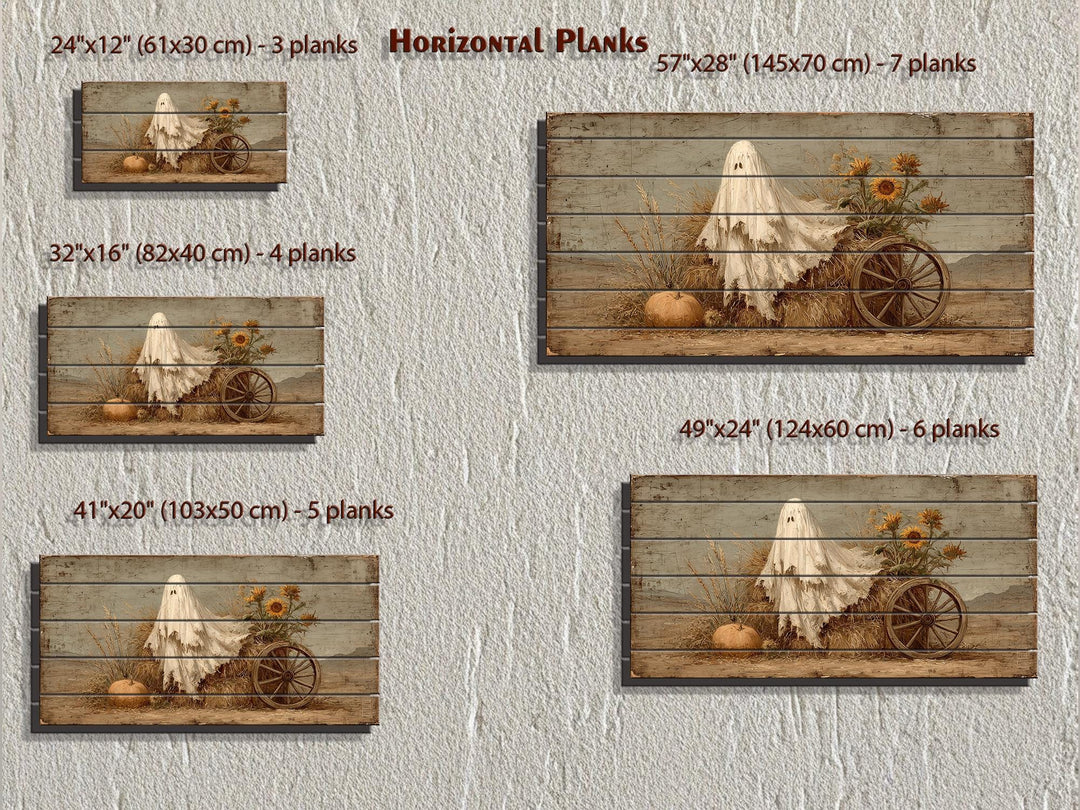 Ghost With Pumpkin And Sunflowers Distressed Wood Wall Art