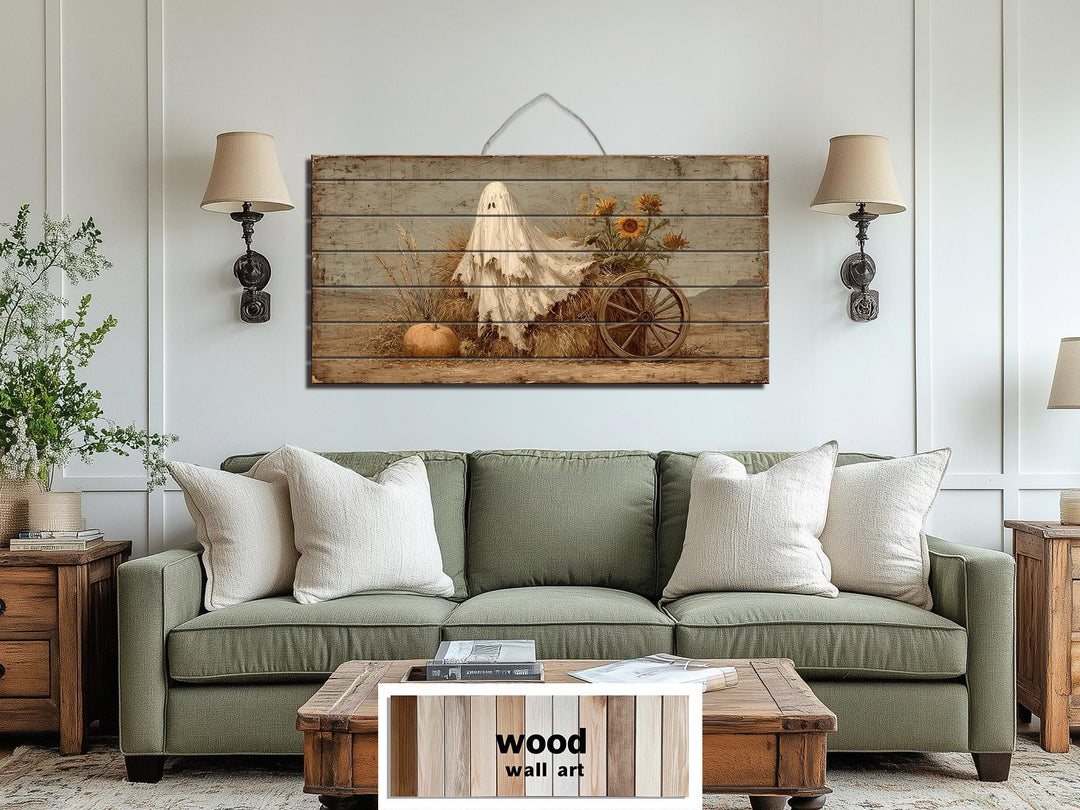Ghost With Pumpkin And Sunflowers Distressed Wood Wall Art