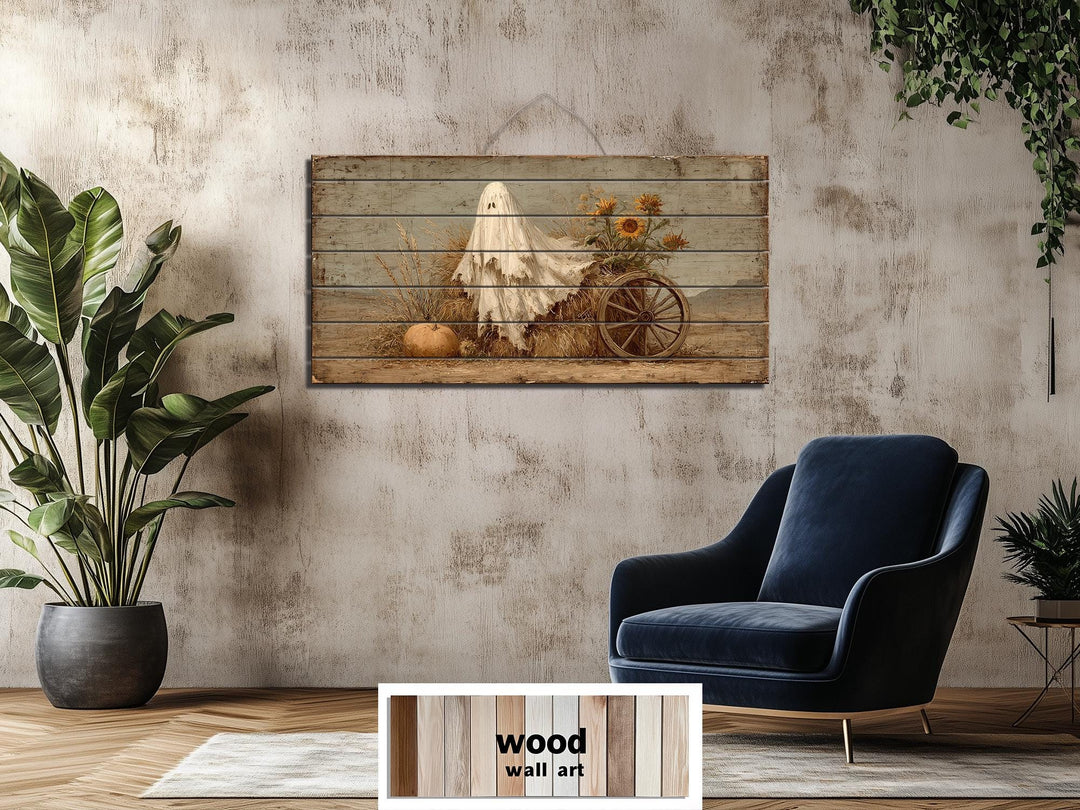 Ghost With Pumpkin And Sunflowers Distressed Wood Wall Art