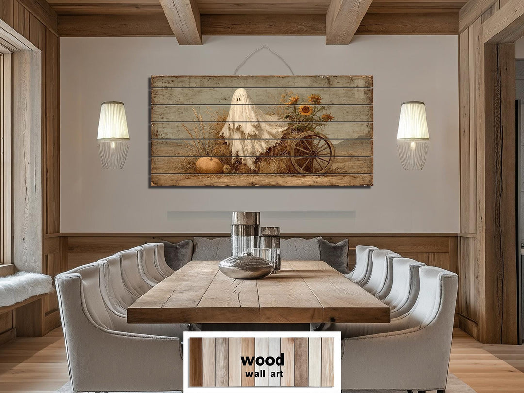 Ghost With Pumpkin And Sunflowers Distressed Wood Wall Art