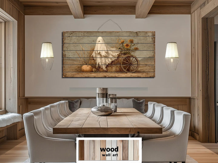 Ghost With Pumpkin And Sunflowers Distressed Wood Wall Art