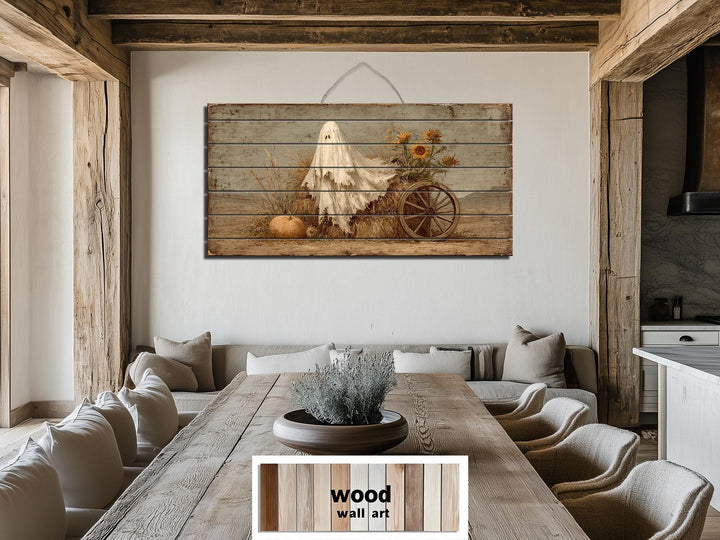 Ghost With Pumpkin And Sunflowers Distressed Wood Wall Art