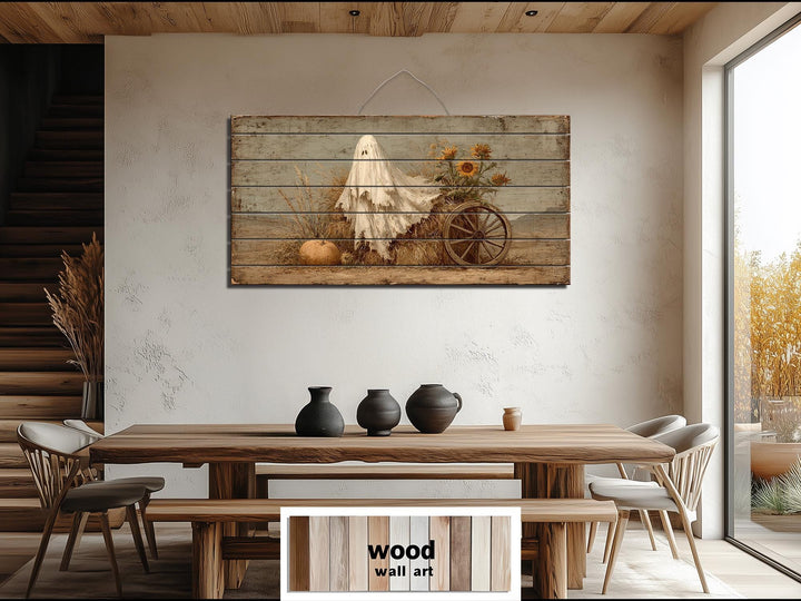 Ghost With Pumpkin And Sunflowers Distressed Wood Wall Art