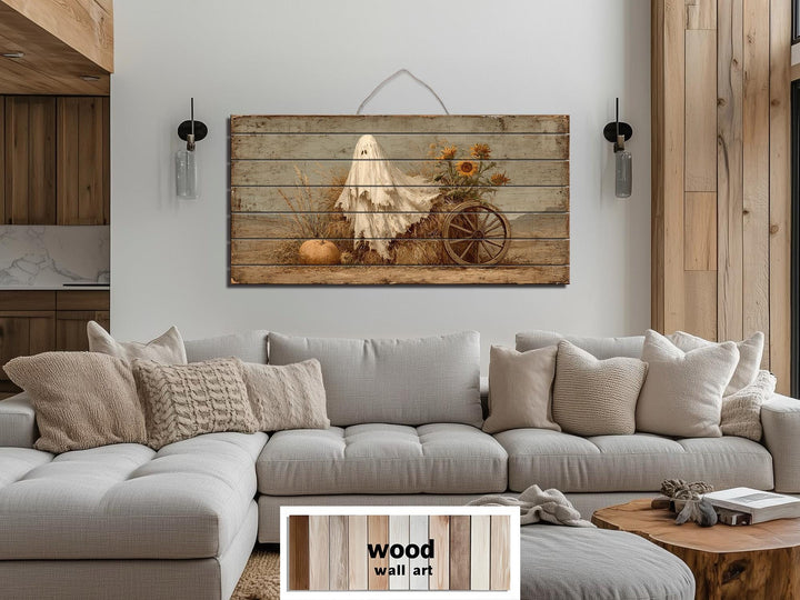 Ghost With Pumpkin And Sunflowers Distressed Wood Wall Art