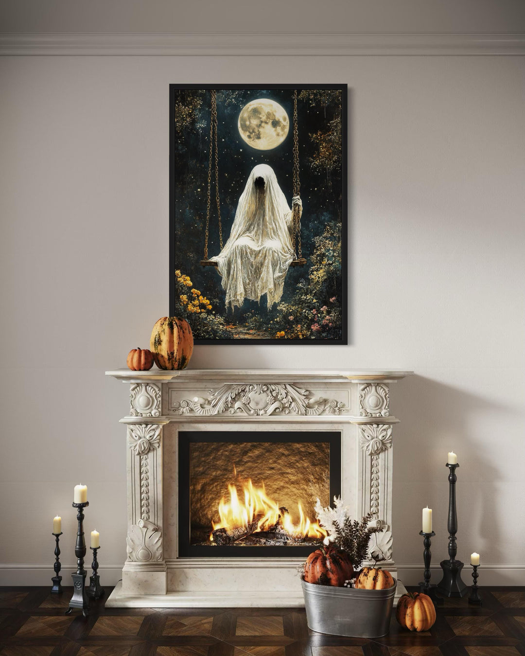 Ghost on Swing Under Full Moon Halloween Wall Art