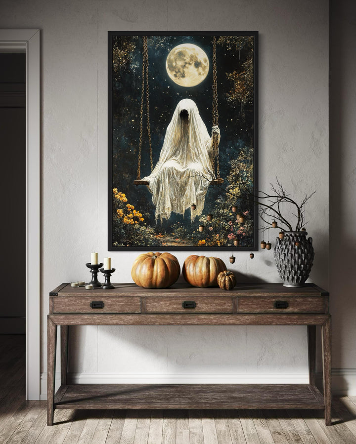 Ghost on Swing Under Full Moon Halloween Wall Art