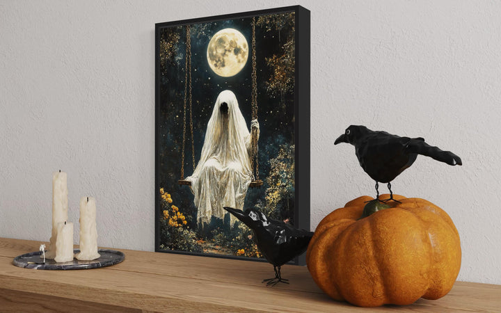 Ghost on Swing Under Full Moon Halloween Wall Art