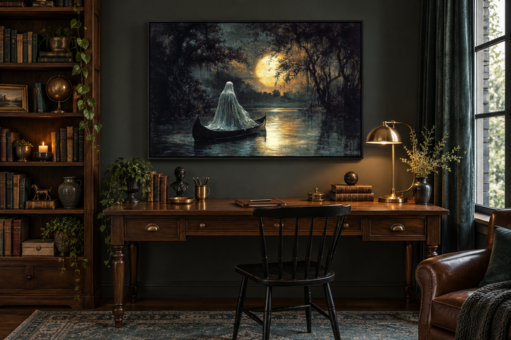 Gothic Halloween wall art of a ghost in a canoe on a moonlit lake, hung above a dark wood desk.