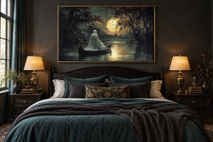 Gothic wall art of a white ghost in a canoe on a moonlit lake, hanging above a dark wooden bed.