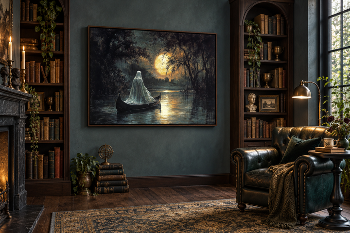 Gothic wall art of a white ghost in a canoe on a moonlit lake, hung in a dark library setting.