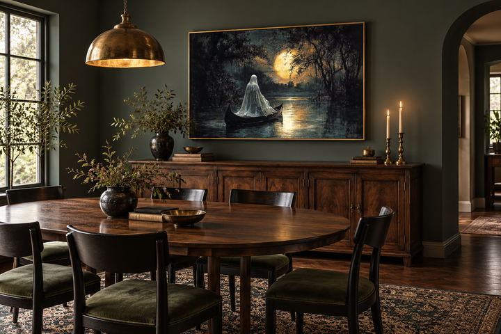 Gothic canvas print of a white ghost in a canoe on a moonlit lake, framed above a dining sideboard.