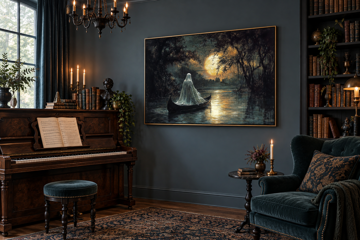 Gothic wall art of a spectral figure in a canoe on a moonlit lake, hung in a dark, moody room.