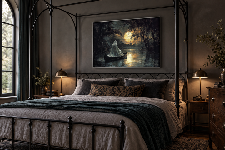 Gothic wall art of a ghost in a canoe under a full moon, hanging above a dark four-poster bed.