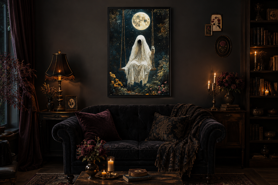Gothic wall art of a ghost on a swing under a full moon in a dark, moody living room setting.