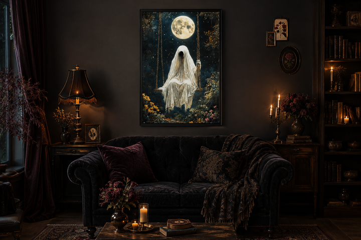 Gothic wall art of a ghost on a swing under a full moon in a dark, moody living room setting.
