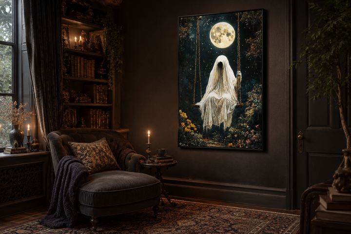 Gothic wall art of a ghost on a swing under a full moon in a dark, moody room with a velvet chair.