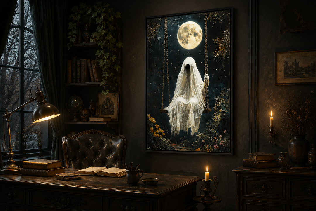 Gothic wall art of a ghost on a swing under a full moon, displayed in a dark, moody study.