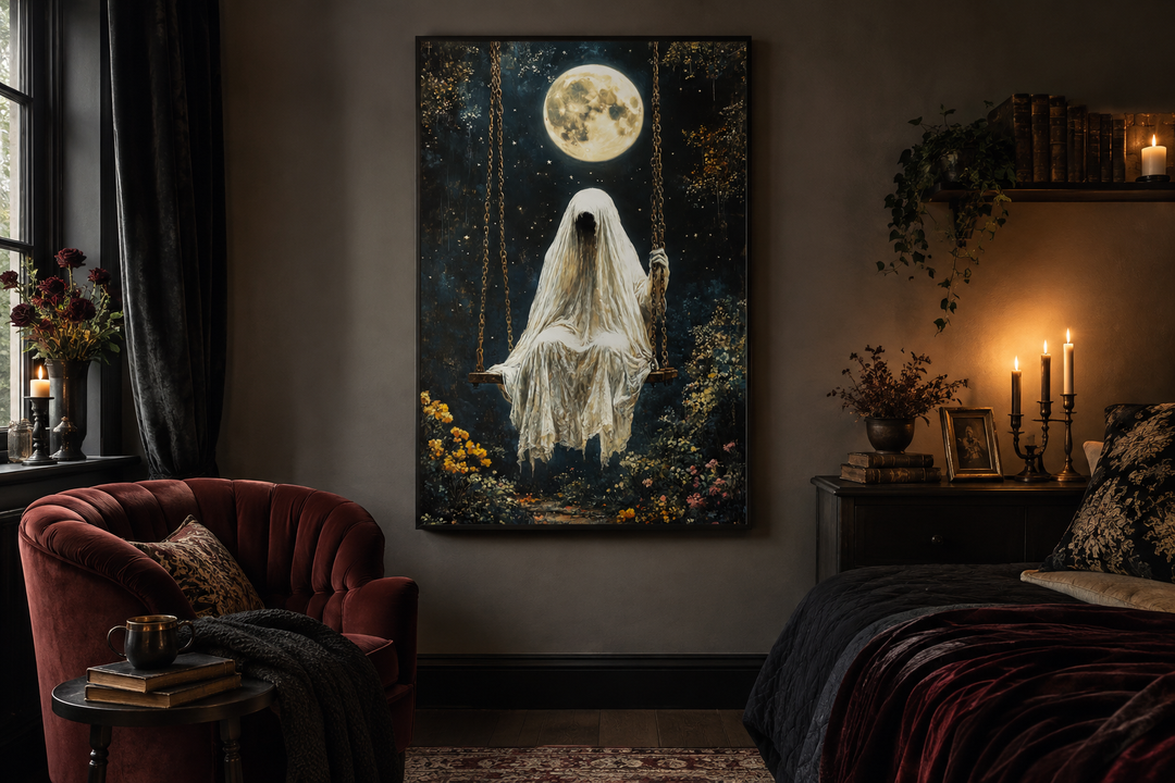 Gothic wall art of a ghost on a swing under a full moon in a dark, moody bedroom setting.
