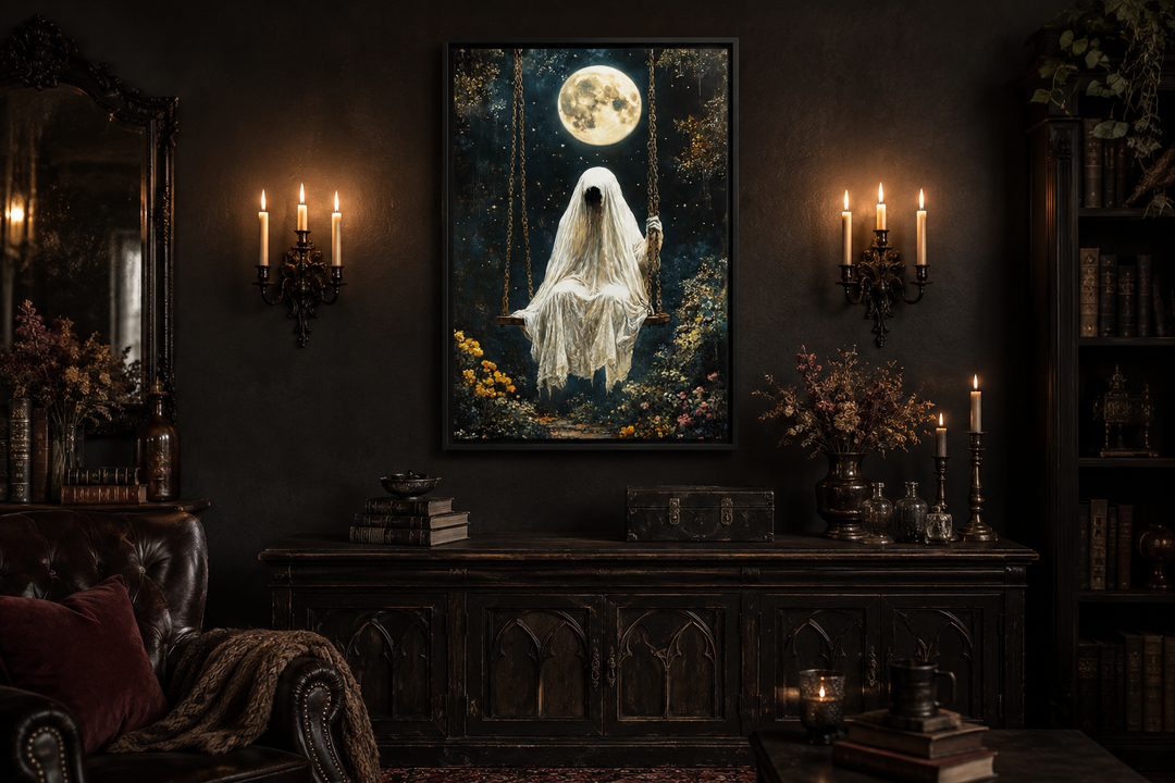 Ghost on Swing Under Full Moon Gothic Wall Art in a dark, candlelit room with vintage furniture.