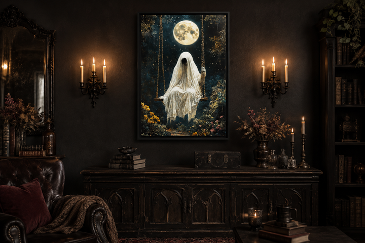 Ghost on Swing Under Full Moon Gothic Wall Art in a dark, candlelit room with vintage furniture.