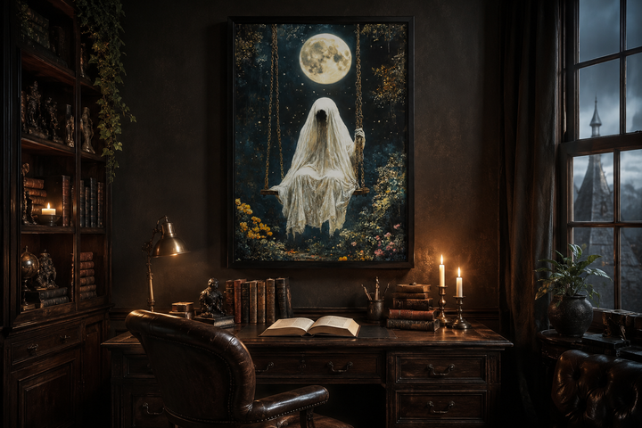 Gothic wall art of a ghost on a swing under a full moon, displayed in a dark, moody study.