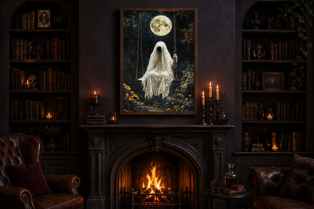 Gothic wall art of a ghost on a swing under a full moon, displayed above a fireplace in a library.
