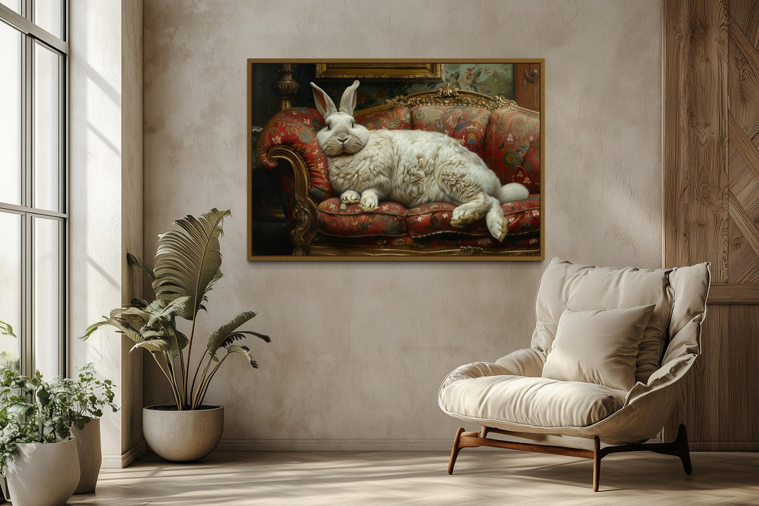 Fat Rabbit In Chair Giant fat bunny lounging on ornate Victorian sofa canvas wall art.