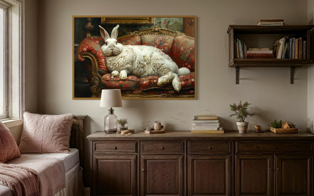 Fat Rabbit In Chair Giant fat bunny lounging on ornate Victorian sofa canvas wall art.