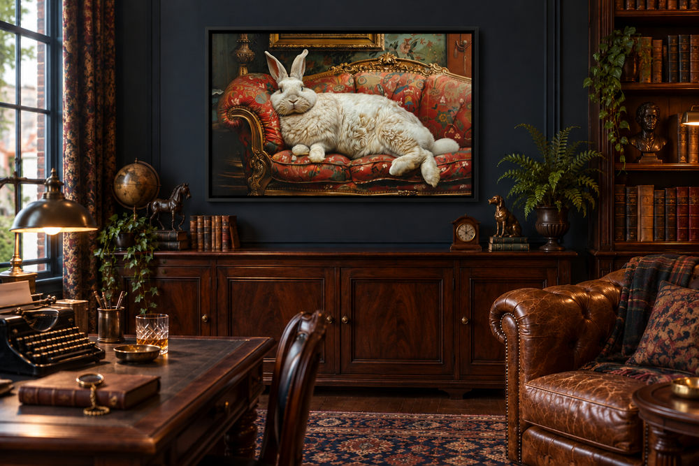 Giant white bunny lounging on an ornate Victorian sofa canvas wall art in a dark study.