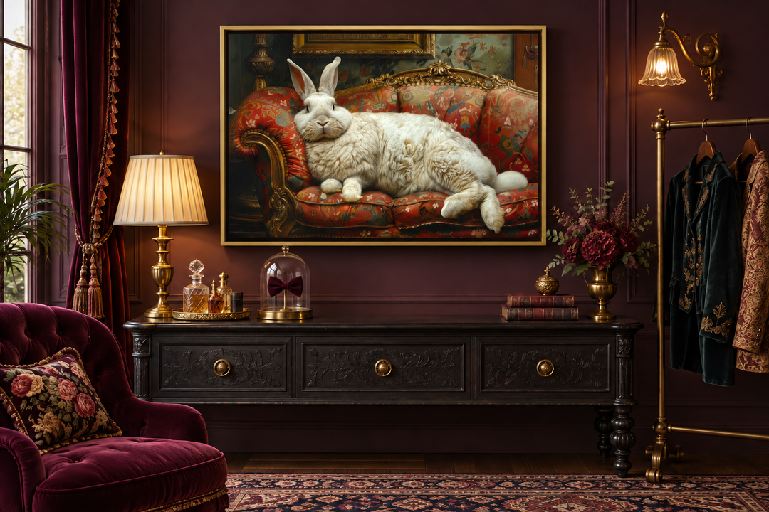 Giant white bunny lounging on an ornate Victorian sofa canvas wall art in a dark red room.