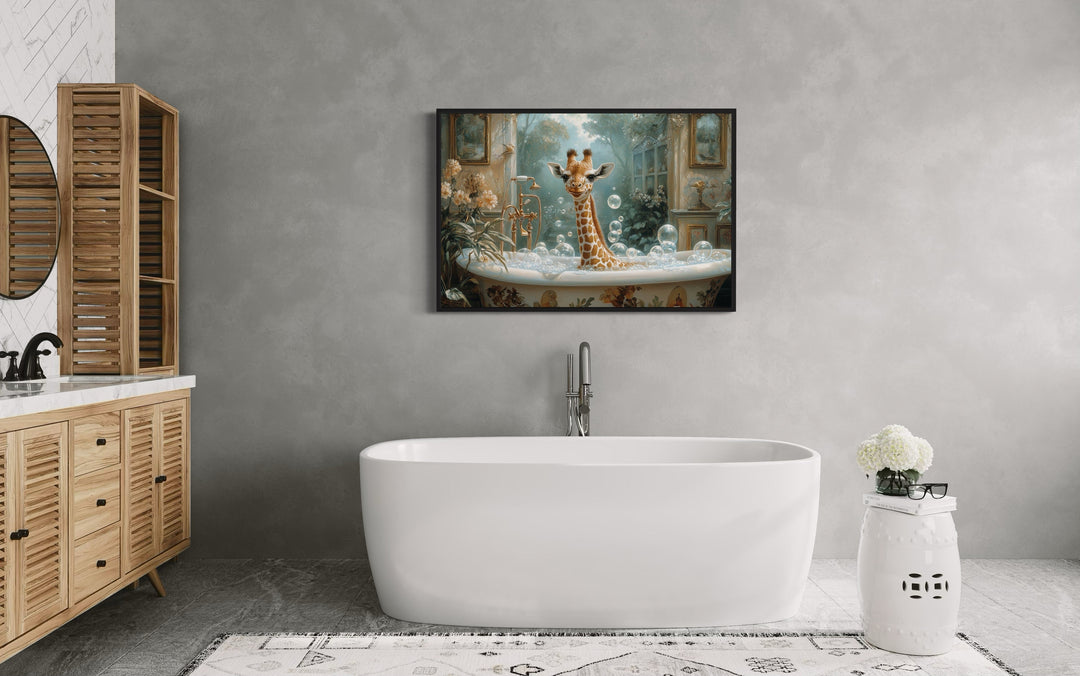 Giraffe in a Bathtub Framed Canvas Wall Art