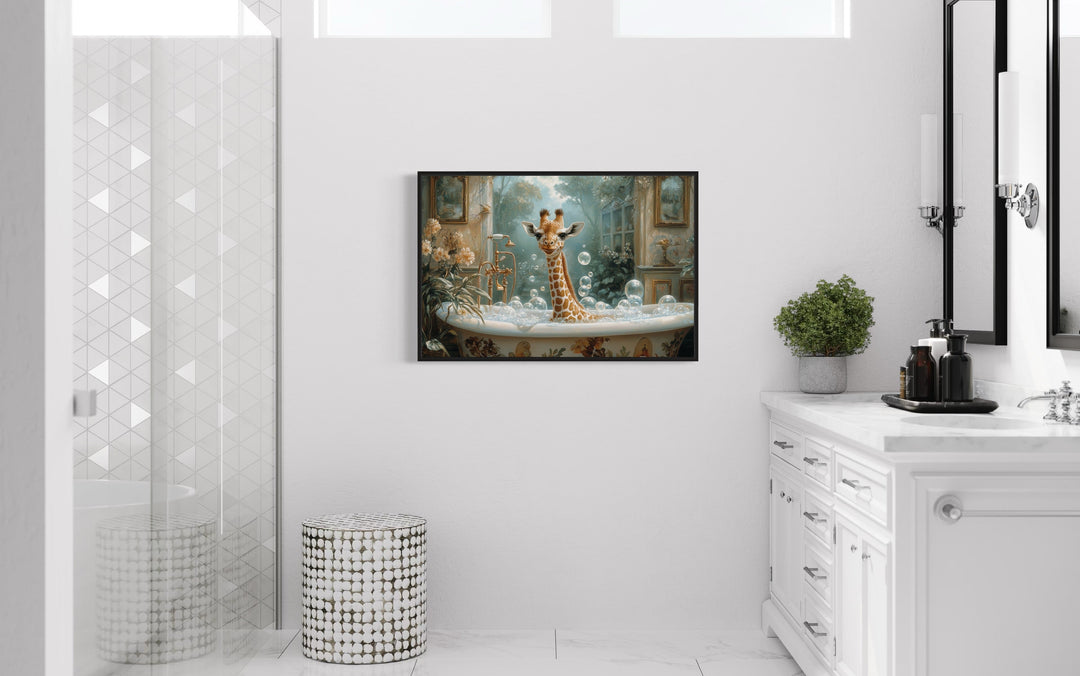 Giraffe in a Bathtub Framed Canvas Wall Art