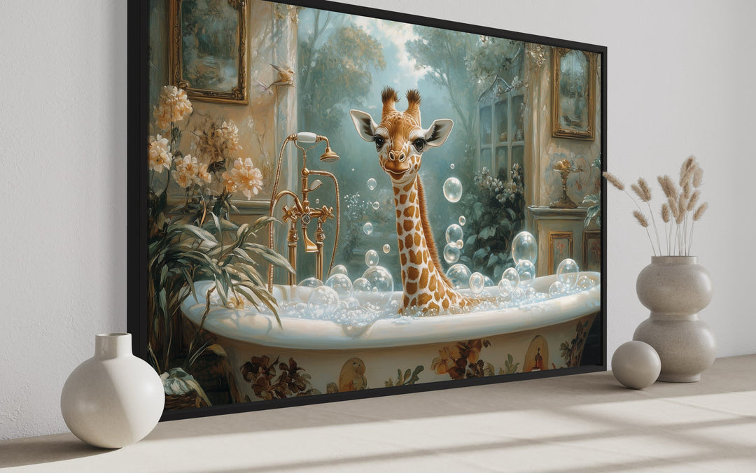 Giraffe in a Bathtub Framed Canvas Wall Art