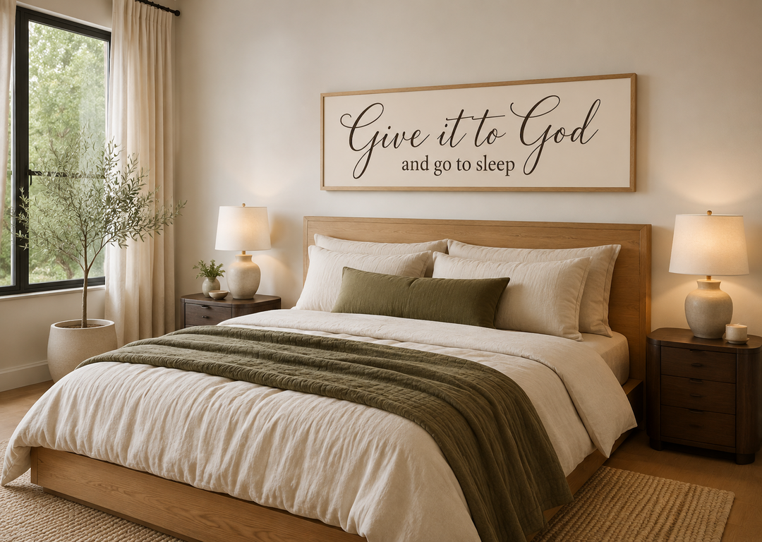 Give it to God and Go to Sleep long horizontal canvas sign in a wood frame above a bed.
